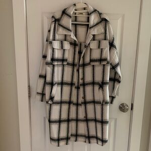 Long Flannel Plaid Shirt Coat with Pockets